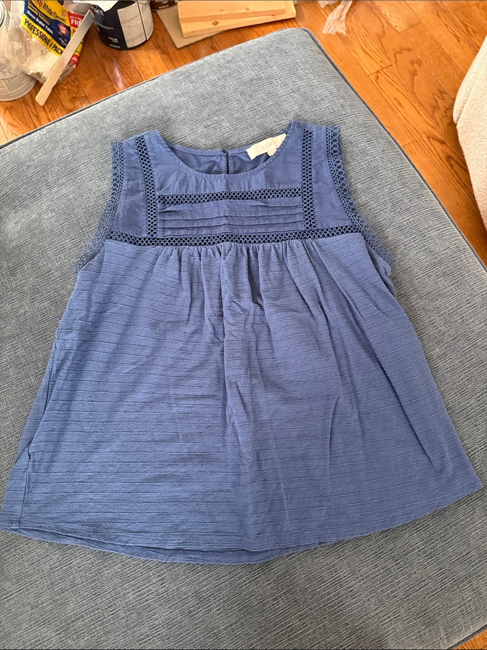 LOFT Blue Sleeveless Crochet Yoke Tank